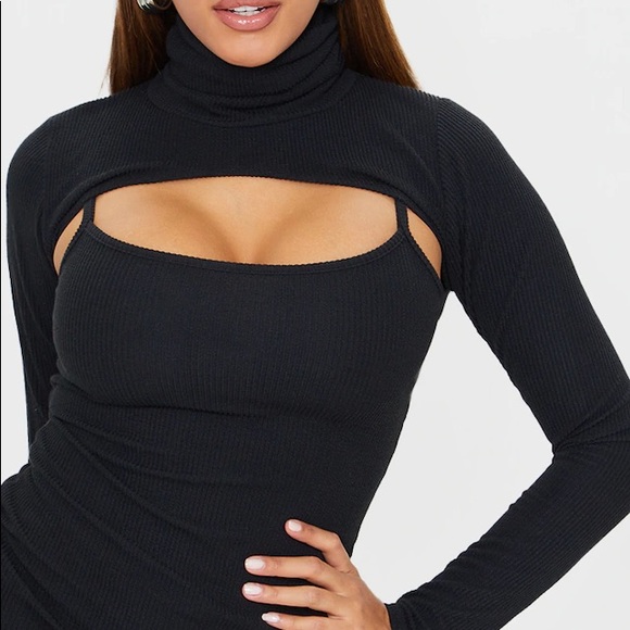 Black Rib Cut Out High Neck Bodycon Dress - 2 - Picture 2 of 4